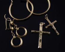 Two pairs of middle eastern gold hoop earrings and two gold crucifix pendants, 23.3 grams.