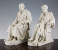 Two Copeland parian seated figures of writers, impressed marks, 11.75in. and 12.5in.