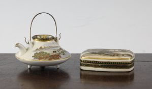 A Japanese Satsuma pottery box and cover and a miniature wine pot and cover, Meiji period, the