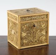 A George III paper scroll and boxwood tea caddy, with gilt decoration, single compartment and