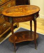 A pair of 20th century mahogany inlaid oval side tables, with kidney shaped undertier and gilt