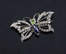 A gold, silver, diamond and paste set butterfly brooch, 1.5in.