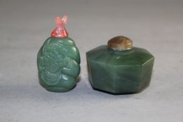 Two Chinese bowenite jade snuff bottles, the first of octagonal drum form, the second carved in