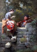 William Edward Millner (1845-1891)oil on board,Maid and gamekeeper conversing at a stile,