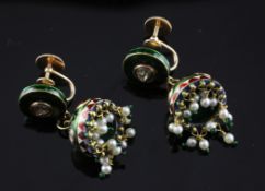 A pair of late 19th/early 20th century Indian gold, diamond, seed pearl and enamel set drop