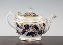 An English porcelain Japan pattern teapot, c.1815-20, of navette shaped decorated with flowers and