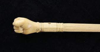 A 19th century sailor`s carved whalebone walking cane, with fluted and ropetwist decoration, with