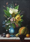 Michelangelo Meucci (1840-1890)oil on canvas,Still life of flowers in a vase and fruit on a marble