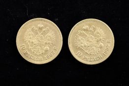 Two Russian 1902 10 ruble gold coins.
