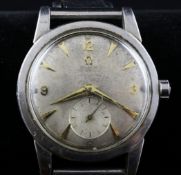 A gentleman`s early 1950`s stainless steel Omega Seamaster Automatic wrist watch, with tapered