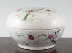 A Chinese famille rose compressed globular box and cover, late 19th century, painted with blackbirds