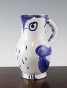 Pablo Picasso. An owl jug (Alain Ramie 253), c.1954, painted in blue to the white glazed body,