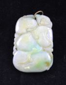 A Chinese jadeite pendant, carved in relief with a bat, a gourd and leaves, the white stone with