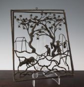 Six Chinese ironwork panels, 19th century, each decorated with figures amongst trees, 17.5 x 17.5in.