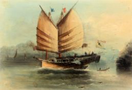 Late 19th century Chinese Schooloil on card,Study of a junk at sea,7.5 x 11in.