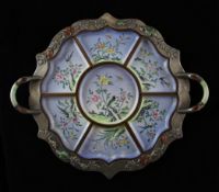 A Chinese pewter and jadeite mounted tray, early 20th century with six Canton enamel petal lobed