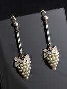 A pair of 1920`s 15ct gold, platinum and seed pearl drop earrings, of vineous design, 1.75in.