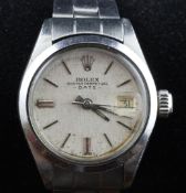 A lady`s early 1970`s stainless steel Rolex Oyster Perpetual Date wrist watch, with matt silvered
