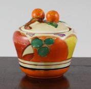 A Clarice Cliff `Picasso or Melon` pattern 230 shaped jam pot, facsimile signature mark, 3.3in.