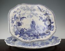 Two English blue and white pottery meat dishes, first half of 19th century, the first a J.W.