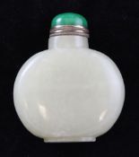 A Chinese pale celadon jade snuff bottle, of plain flattened flask form, 5cm., stopper