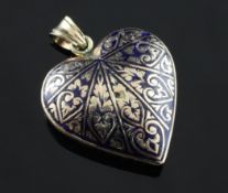 A 19th century gold, diamond and blue enamel heart shaped pendant, set with twelve old mine cut