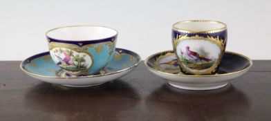Two Sevres style cups and saucers, the first by Rihouet of Paris, painted with reserves of