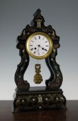 A 19th century French ebonised and boullework portico mantel clock, with enamelled Roman dial and