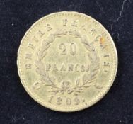 A cased French 1809 20 franc gold coin.