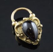 A gold and almandine garnet heart shaped padlock locket, set with teardrop shaped stone, 1.5in.