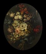 18th century English Schooloil on wooden panel,Still life of flowers,oval; 18 x 14.5in.