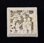 A Chinese export ivory tangram puzzle, late 19th century, the cover pierced and carved with two