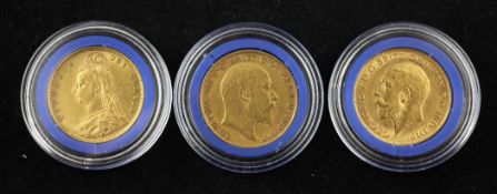 Three case gold half sovereigns, 1892, 1908, and 1913.