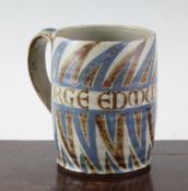 A Charles Vyse stoneware commemorative mug, inscribed George Edmund Barlow, with blue and brown