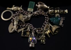 A 9ct gold curb link charm bracelet, with heart shaped padlock and hung with nineteen mainly 9ct