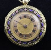 A 19th century French? chased gold and enamelled keywind dress pocket watch, with Roman dial and