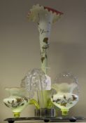 A Victorian peach blow glass epergne, with gilt trailing ivory decoration, comprising a central