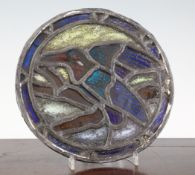 A stained leaded glass roundel, depicting a kingfisher, 9.5in.