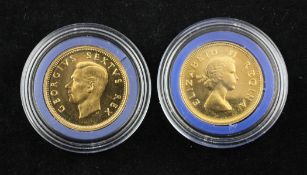 Two cased South African 1952 half pound gold coins, (mint)