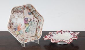 A Chinese export teapot stand and a leaf pickle dish, Qianlong period, the hexagonal stand painted