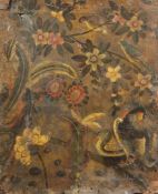 18th century Spanish Schooloil on leather fragment from a screen,depicting ducks and Asian flowers,
