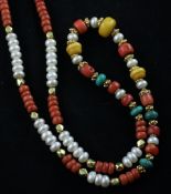 A 20th century Indian? gold, cultured pearl, coral, turquoise and reconstituted amber bead necklace,