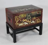 A Chinese 20th century rectangular chinoiserie chest on stand, with hinged lid, W.2ft
