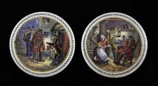 A pair of rare Bears Grease Prattware pot lids `The Ins` and `The Outs`, with rare ribbon border,