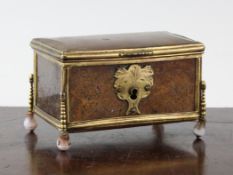 A 19th century cappuccino agate and brass mounted casket, with carved key escutcheon and turned