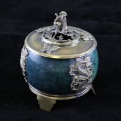 A Chinese gilt metal mounted green hardstone censer and cover, pierced cover with monkey finial, the