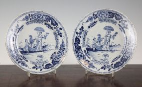 A pair of Bristol delft blue and white plates, c.1760, each painted with a noble woman with an