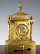 A late 19th century French ormolu mantel clock with architectural case, 17in.