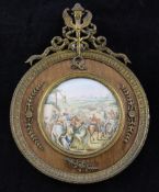 Tonyoil on ivory,Miniature of soldiers marching to battle,signed, tondo,3in.