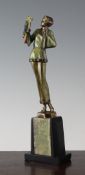A Lorenzl Art Deco painted bronze figure of a woman holding a parrot, on a green onyx and black